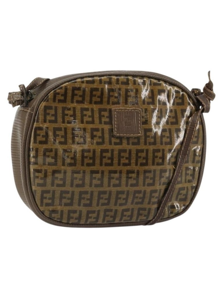 Authentic Fendi Zucchino Canvas Shoulder Bag Coated Canvas Beige Gold